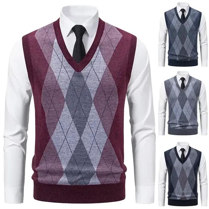 Pull tricoté à col en v pour hommes, chaud, décontracté, mode, grille de diamant, Design de fleurs torsadées, haut polyvalent, nouvelle collection automne hiver
