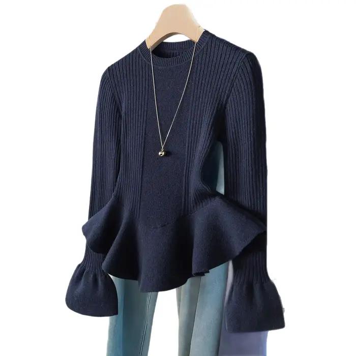 Pull tricoté à manches longues et col rond pour femme