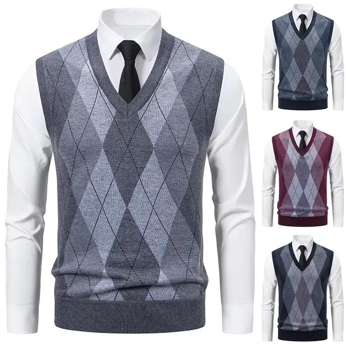 Pull tricoté à col en v pour hommes, chaud, décontracté, mode, grille de diamant, Design de fleurs torsadées, haut polyvalent, nouvelle collection automne hiver