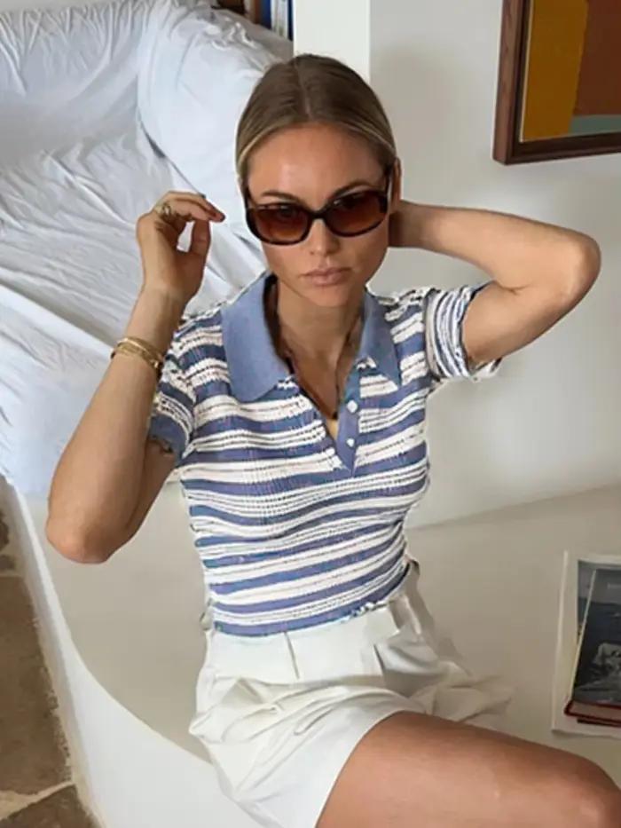 Haut tricoté rayé à col Polo ajouré pour femme