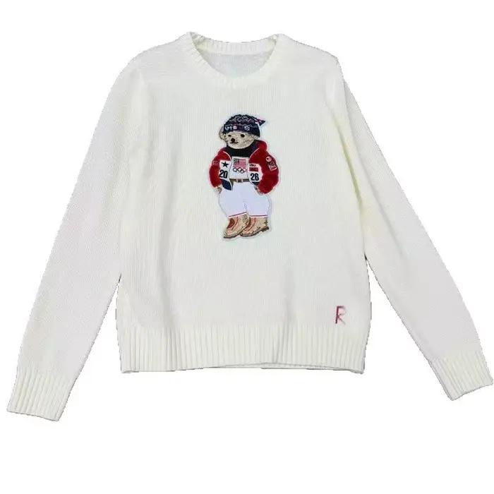 Pull en laine mélangée brodé motif ours de dessin animé de haute qualité à manches longues – Idéal pour Noël et le Nouvel An