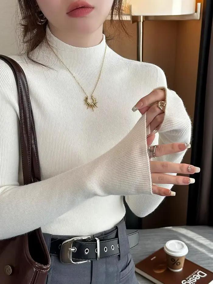 Pull jaune clair femme manches longues tricot côtelé col montant
