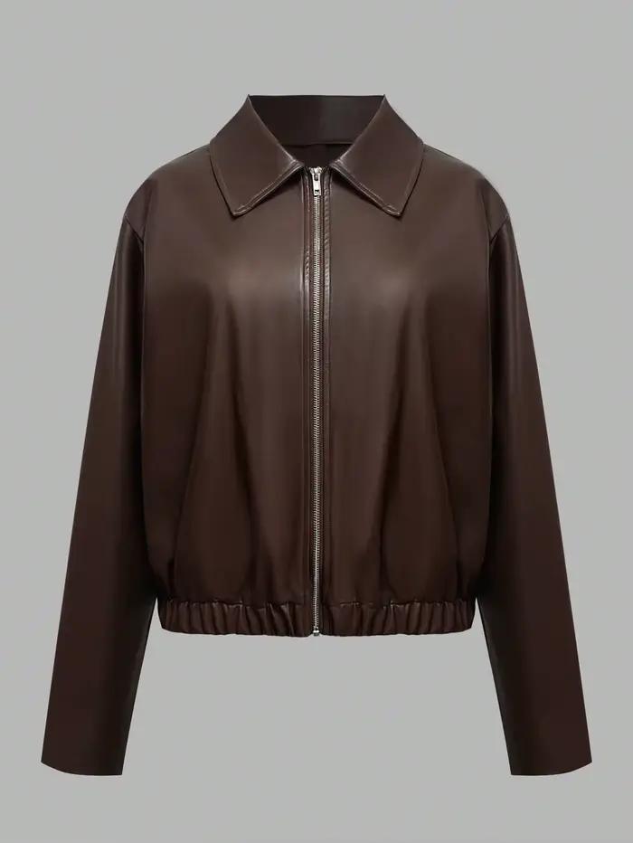 Veste zippée en simili cuir marron chocolat pour femme