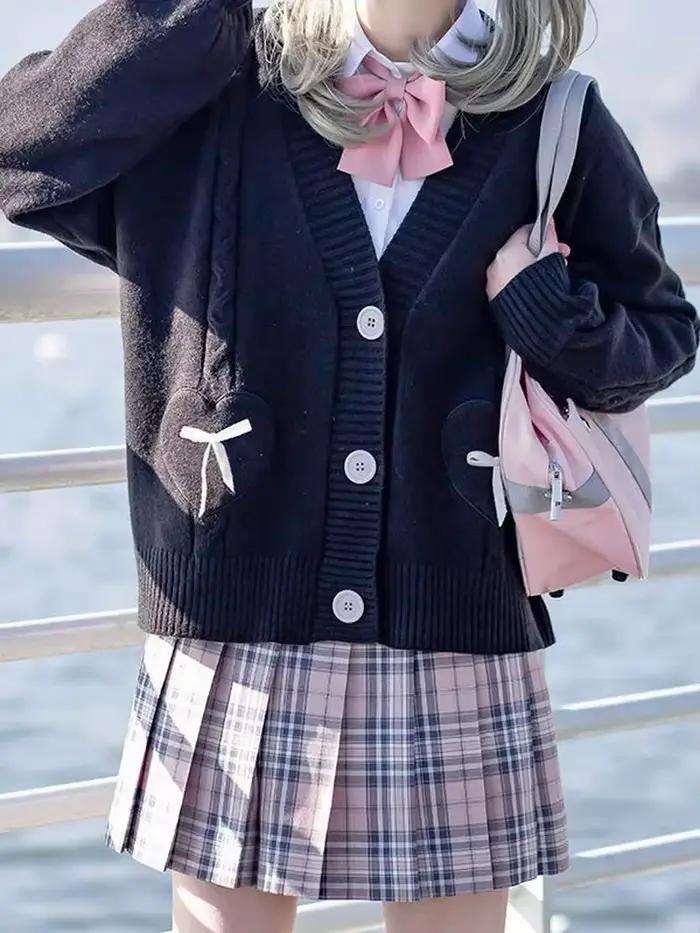 KOSAHIPastel-Cardigan japonais Kawaii avec poches à nœud en forme de cœur pour femme