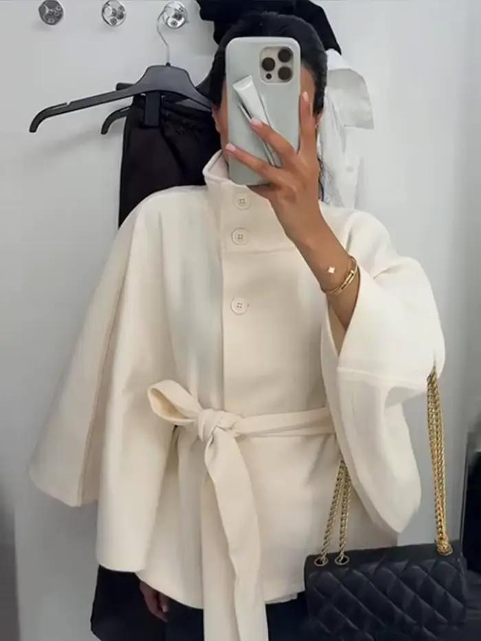 Manteau femme Cape courte manteaux pour femmes ceinture fausse laine et mélanges