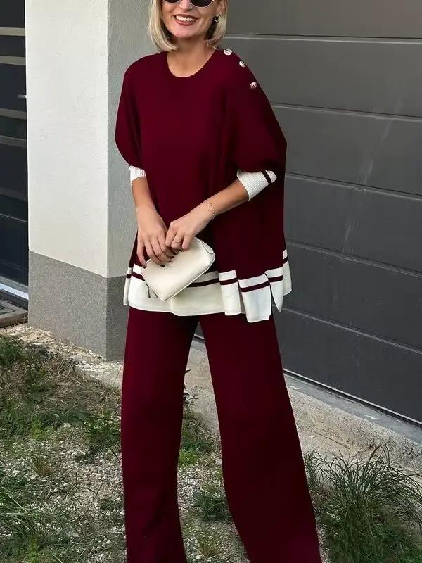 Modigirl femmes bordeaux surdimensionné chauve-souris haut en tricot contraste garniture bouton détail pull rétro décontracté paresseux Chic usage quotidien