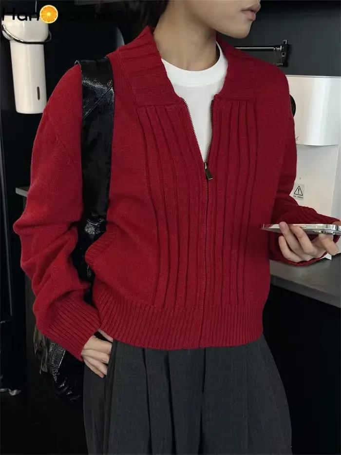 HanOrange 2026 – Nouveau cardigan ample à rayures larges pour femme, confortable et zippé, en tricot, idéal pour le printemps et les trajets quotidiens – Rouge/Bleu marine
