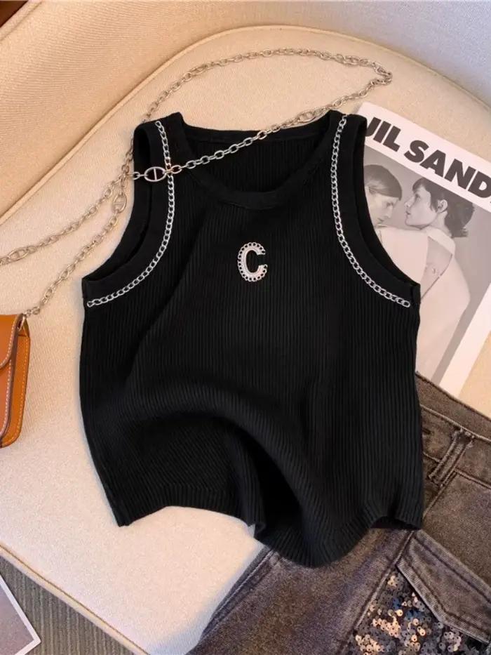 Gilet en tricot côtelé blanc avec décoration tridimensionnelle et strass pour femmes, haut court sans manches à col rond mode printemps été style décontracté