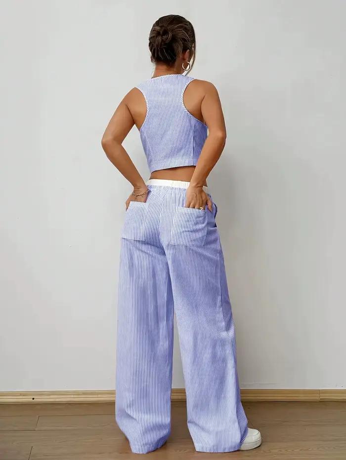 2025 nouveau élégant rayé sans manches col en v gilet + taille contraste couleur pantalon deux pièces ensemble été femmes ensembles mode costume haut