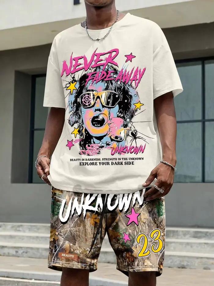 T-shirt d'été décontracté à col rond pour hommes, imprimé de personnages de dessins animés et de motifs de lettres, sl court léger et respirant