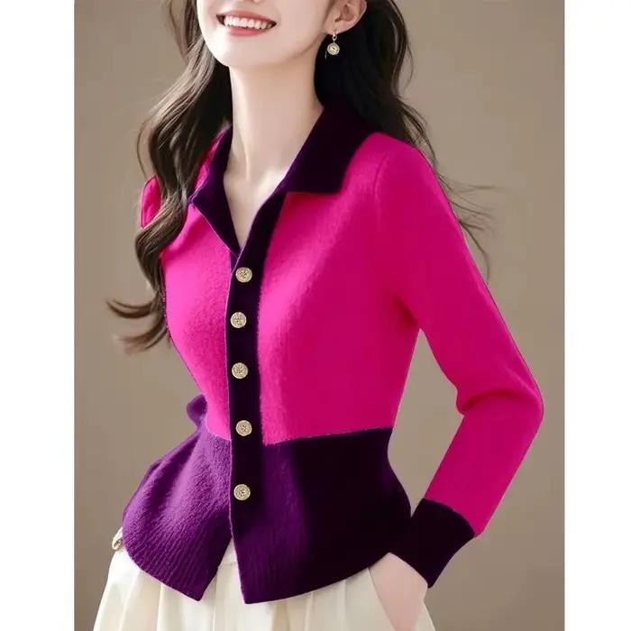 Femmes pull tricoté 2026 nouveau printemps automne mode col Polo couleur bloc tricots Cardigan manteau polyvalent