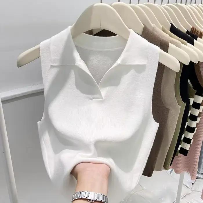 Gilet tricoté sans manches à col Polo pour femme