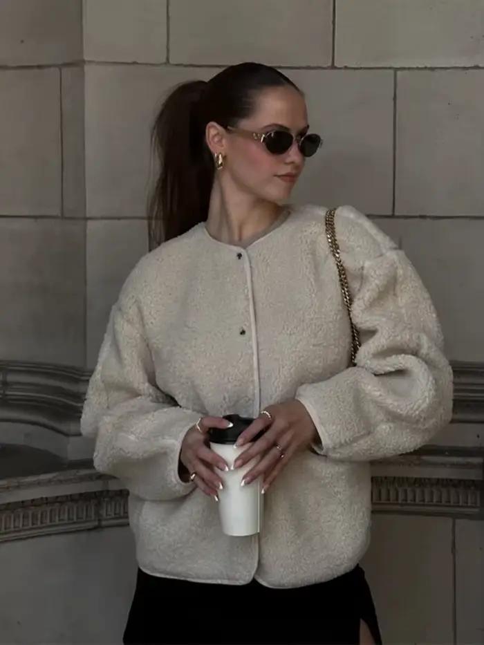 Peluche Teddy veste femme élégant col rond simple boutonnage poches épaissir manches longues manteaux
