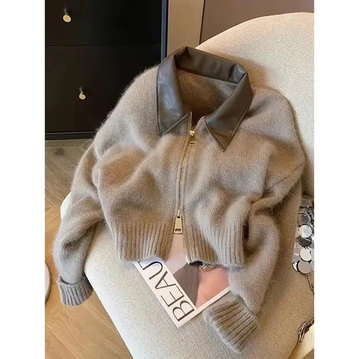 Patchwork fermeture éclair recadrée Cardigan femmes 400g épais automne tricoté pull Bomber veste Vintage 2000s court ajusté tricots manteau