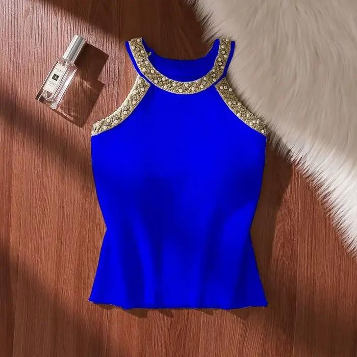Femmes été Crochet sans manches pull gilet col rond perle or mode coréenne tricot débardeurs décontracté ample haut caraco