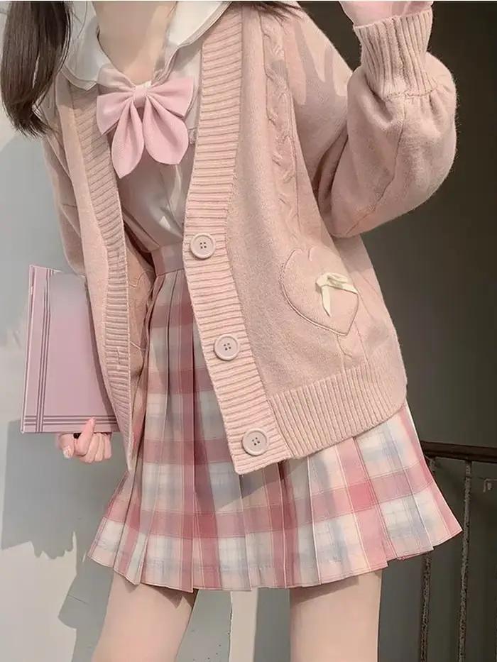 KOSAHIPastel-Cardigan japonais Kawaii avec poches à nœud en forme de cœur pour femme
