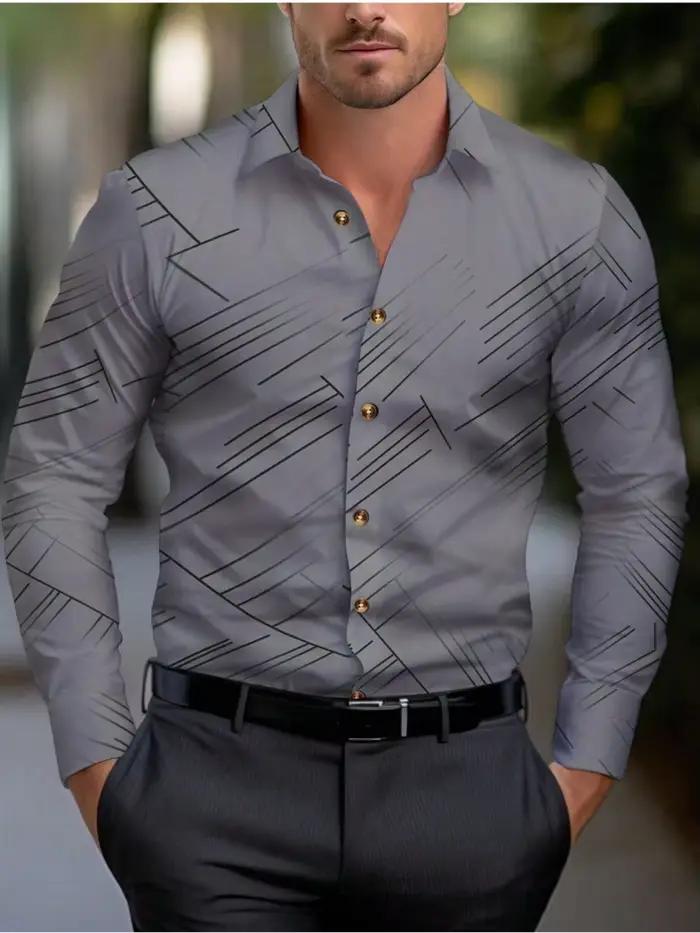 Chemise col rond pour hommes, manches longues, revers rayé, chemise décontractée pour le printemps, l'automne, l'hiver et l'été