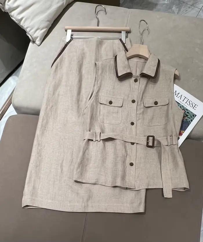 Gilet ajusté en lin sans manches et jupe à taille élastique pour femmes, élégant ensemble deux pièces pour occasions printanières et estivales