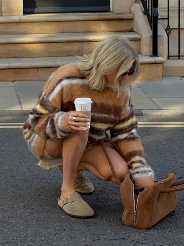 Rétro Mohair rayé pull femmes décontracté en peluche ample col rond manches longues chandails femme 2025 automne Chic rue tricots