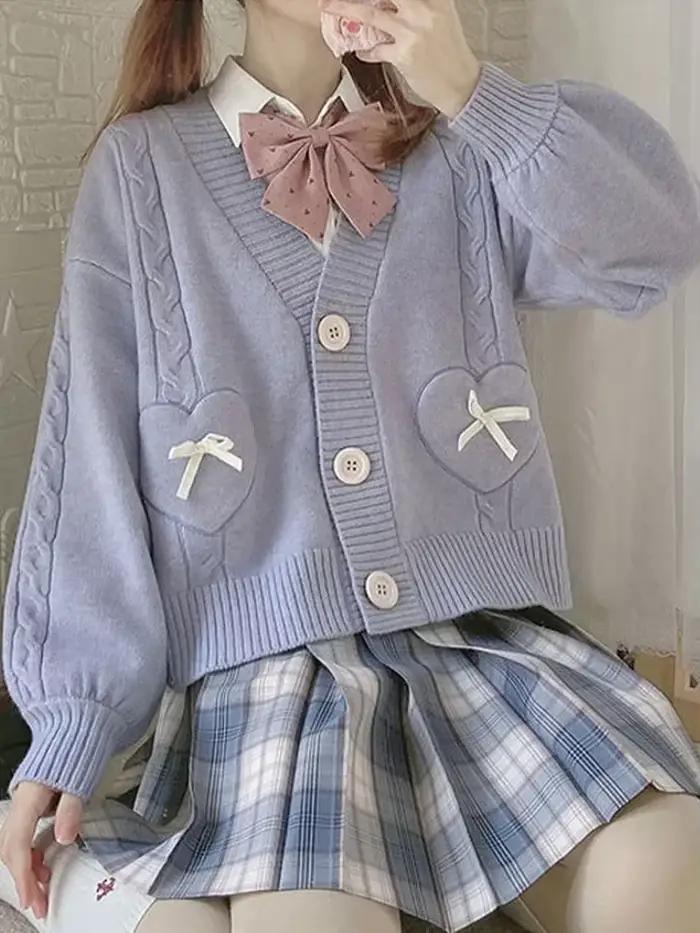 KOSAHIPastel-Cardigan japonais Kawaii avec poches à nœud en forme de cœur pour femme