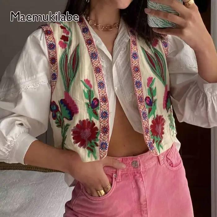 Maemukilabe femmes Vintage Floral brodé gilet ouvert dames Style National