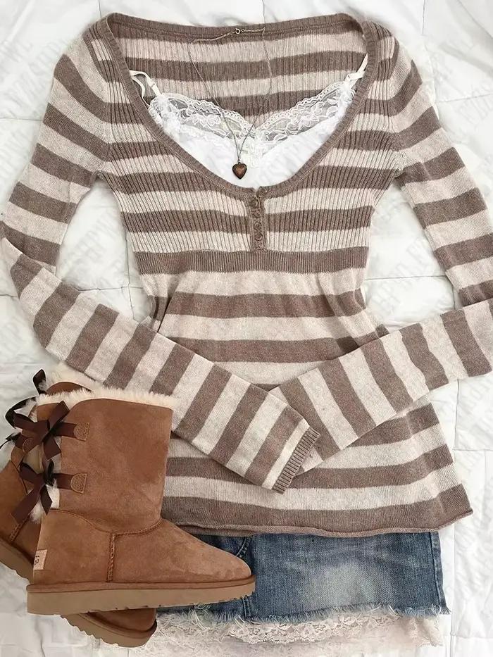 Rayé motif décontracté pull coton chic grunge punk Y2K haut rue haute rue rock esthétique rétro hop mode femmes
