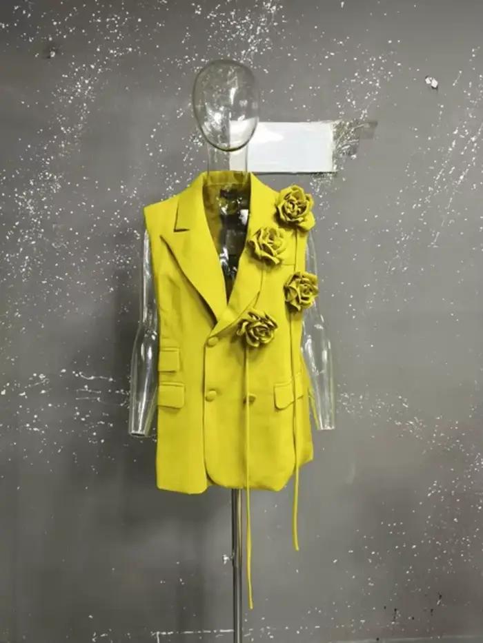 Gilet EAM en coton polyester jaune col rabattu pour femmes style streetwear toutes saisons occassions festive et quotidienne