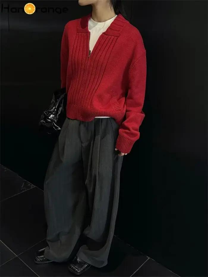 HanOrange 2026 – Nouveau cardigan ample à rayures larges pour femme, confortable et zippé, en tricot, idéal pour le printemps et les trajets quotidiens – Rouge/Bleu marine