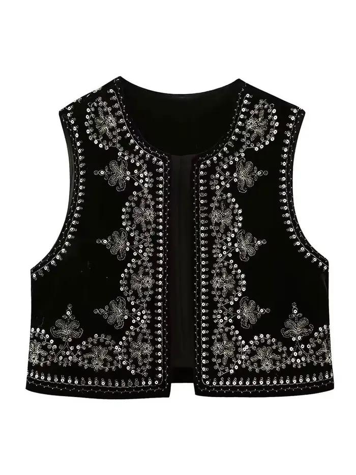 Gilet Vintage Automne en Velours Brodé Col en V Chic pour Femmes Occasions Spéciales Automne Hiver Polyester Coton