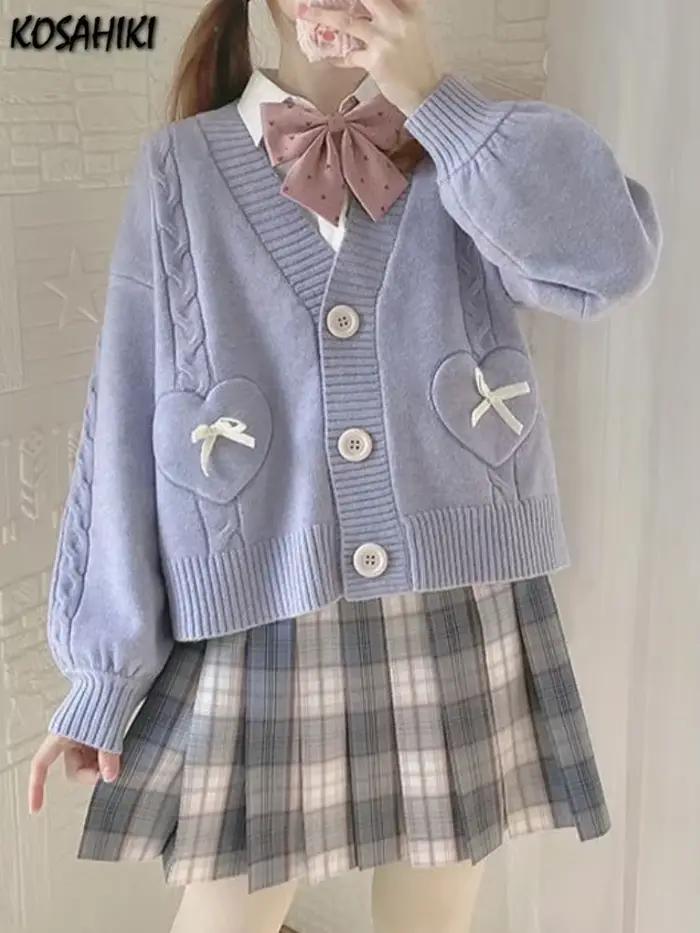 KOSAHIPastel-Cardigan japonais Kawaii avec poches à nœud en forme de cœur pour femme