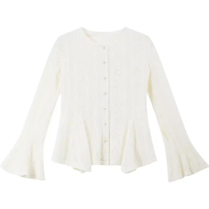 VIMLY Cardigan Élégant pour Femme Hiver 2026 Décontracté Uni Manches Cloche Col Rond Blouse en Dentelle Coupe Ajustée