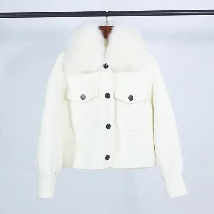 Manteau court décontracté pour femme avec col en fourrure de renard