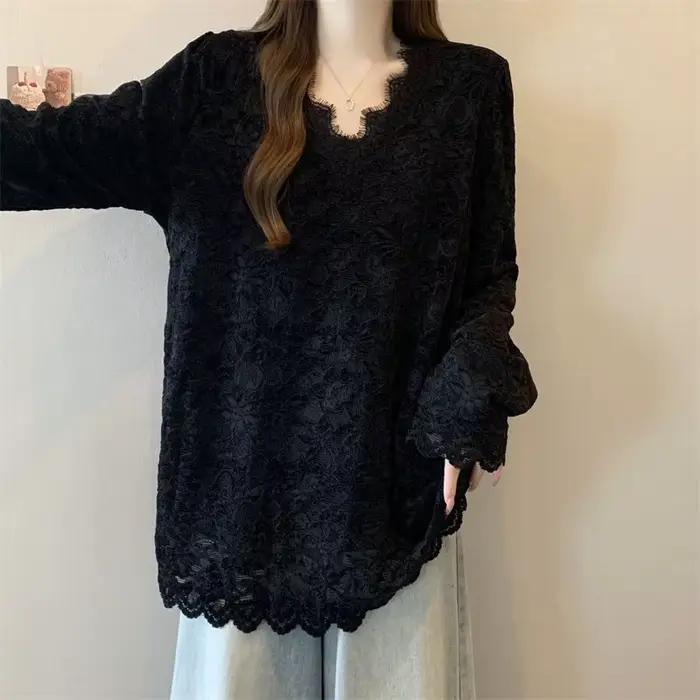 Col en V dentelle Patchwork lâche coréen pulls haut automne hiver nouveau à manches longues solide doux t-shirts mode paresseux femmes vêtements