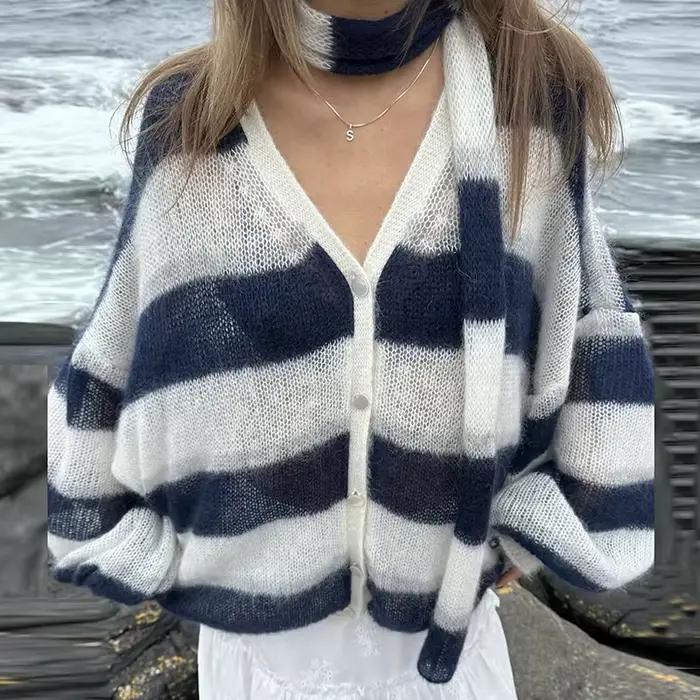 TARUXY mode rayé pull Cardigan avec écharpe femme ample mince creux haut tricoté lanterne manches contraste couleur