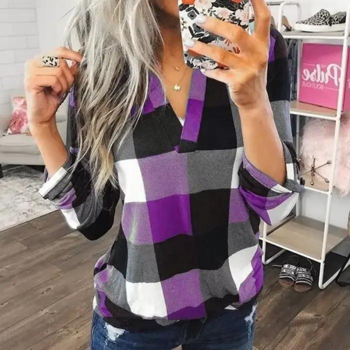 Printemps automne Vintage classique imprimé à carreaux col en v à manches longues pull décontracté chemise élégante mode chemisier ample vêtements féminins