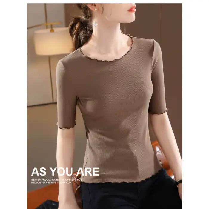 T-shirt côtelé à manches mi-longues pour femme – Haut basique ajusté