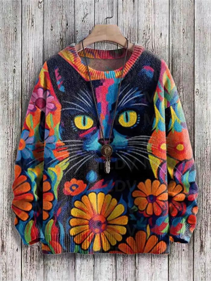 Pull en tricot imprimé multicolore pour hommes et femmes, pull décontracté, chat d'art abstrait