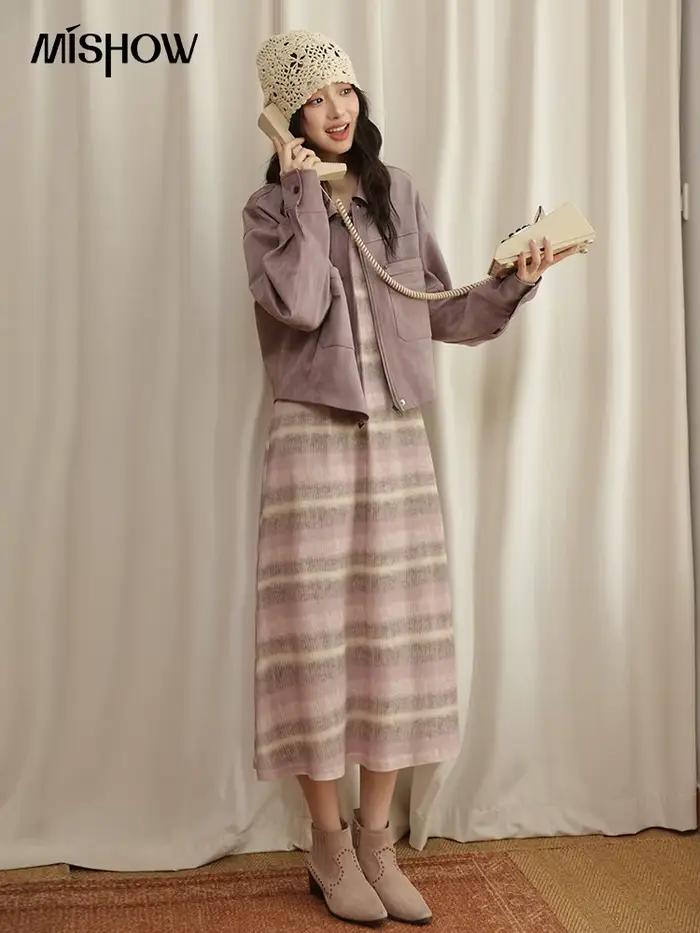 MISHOW rose violet rayé gilet longue robe pour les femmes automne 2025 sans manches a-ligne mince contrasté col rond