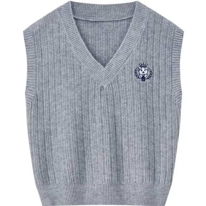 Gilet tricoté femme SENTUBILA Automne 2026 style universitaire col en V couleur contrastante pull brodé ours sans manches W53JB3404