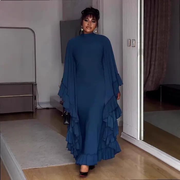 Robe longue élégante à col montant, couleur unie, taille à volants, robes trapèze pour femmes, robes maxi fluides printemps-été