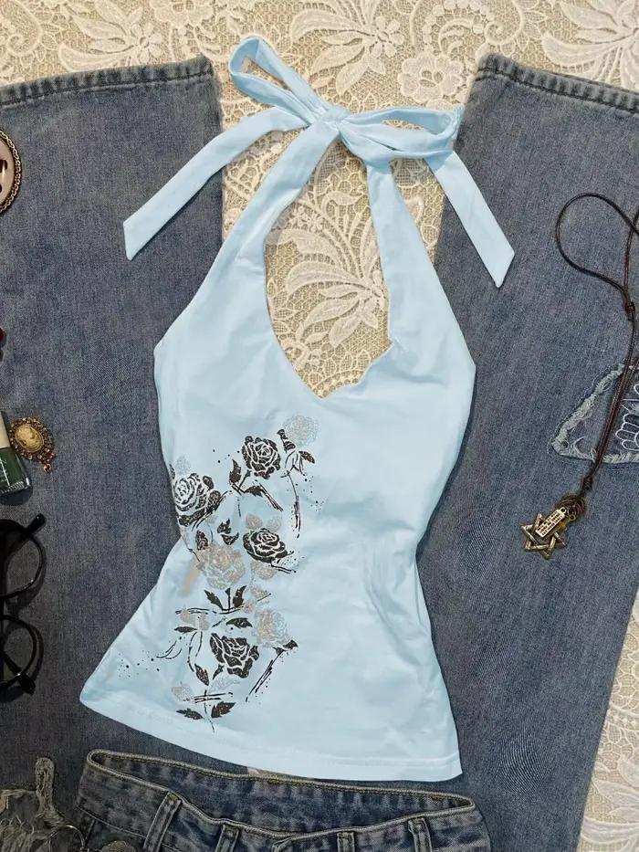 Gilet Camisole imprimé Vintage américain bleu Rose pour femmes