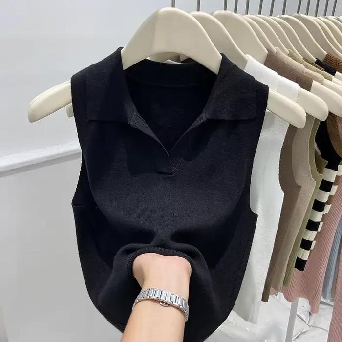 Gilet tricoté sans manches à col Polo pour femme