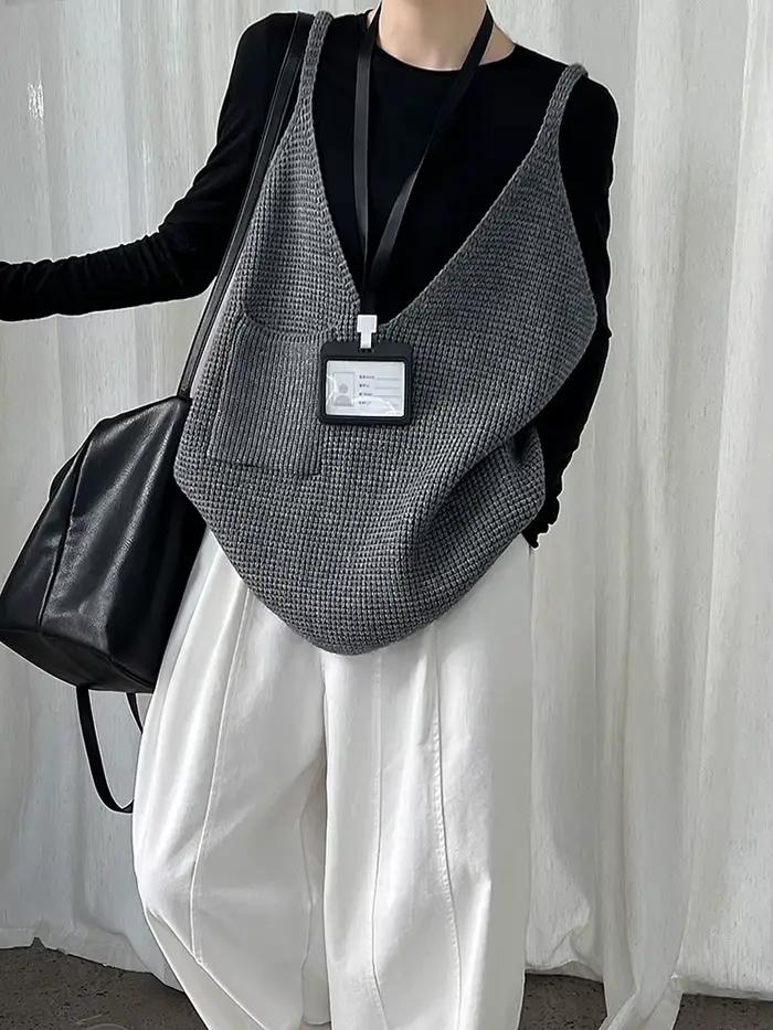 EAM femmes noir gris bref grande taille décontracté tricot gilet nouveau col en V sans manches mode marée printemps automne 2026 1DJ3233