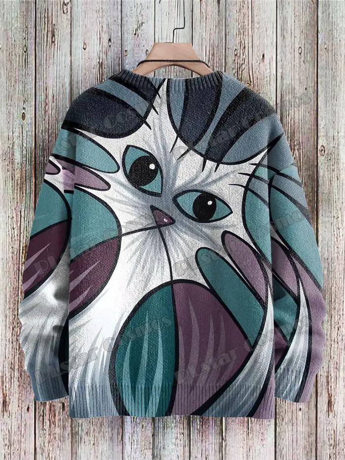 Pull en tricot multicolore pour hommes, motif de chat d'art géométrique abstrait, pull unisexe décontracté, impression 3D, hiver, ZZM101
