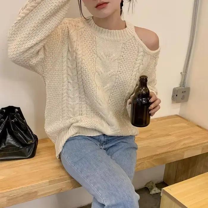 Pull rétro en tricot torsadé à épaules dénudées pour femmes
