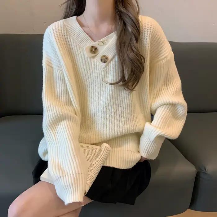 2025 col en v pull femmes automne hiver ample à manches longues solide Feamle tricots bureau dame décontracté quotidien