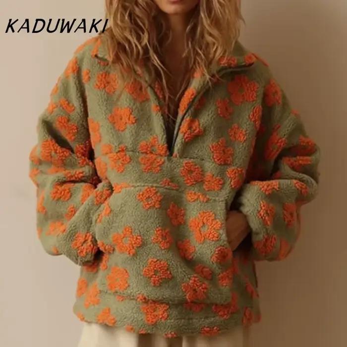 KADUWAKI rétro noël femmes mode polaire fleur fleurs chandails coton ample chaud fourrure col montant fermeture éclair hauts