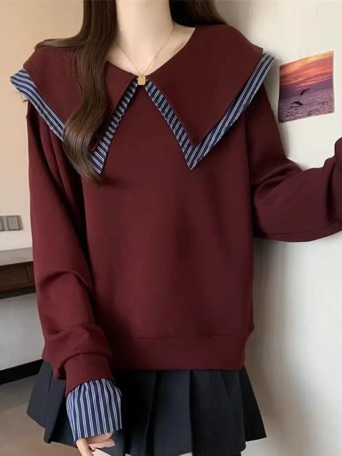 Sweat-shirt à col marin japonais pour femmes style préppy patchwork printemps automne ample manches longues deux hauts kawaii vintage