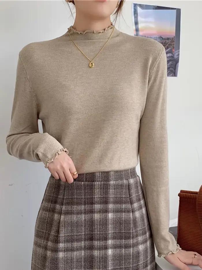 AOSSVIAO 2026 Nouveau Pull Femme Automne Hiver Manches Longues Haut Basique Mode Froncé Élastique Tricoté Uni