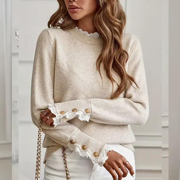 Pull en tricot pour femme avec dentelle, col rond, manches longues et boucle